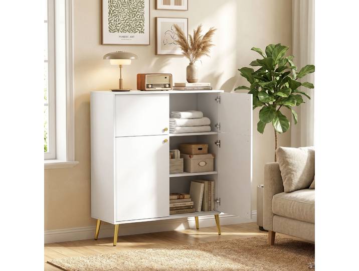 HOMCOM Buffet Moderne 105cm 4 Portes Pieds Métal Blanc Crème