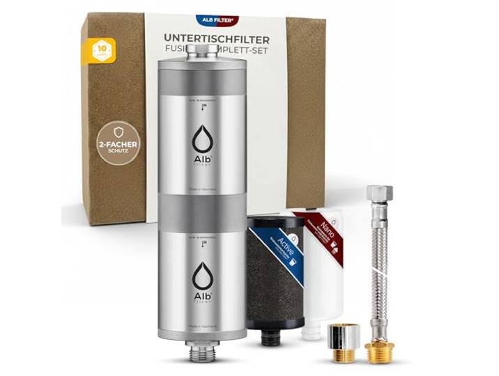 Alb Filter UNTERTISCH FUSION Wasserfilter Küche Edelstahl Natur + PROTECT Zweistufiger Wasserfilter gegen Schadstoffe & Keime bis 0,1 µm, Untertischfilter Küche, Made in Germany