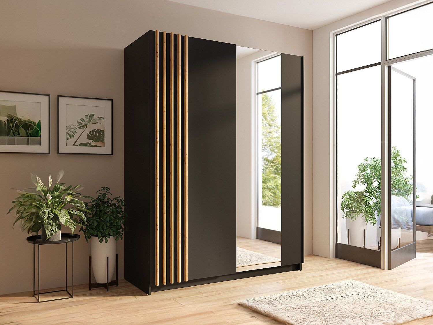 Unique Armario 2 puertas correderas - Con espejo - Ancho 150 cm - Negro y natural - CALELA