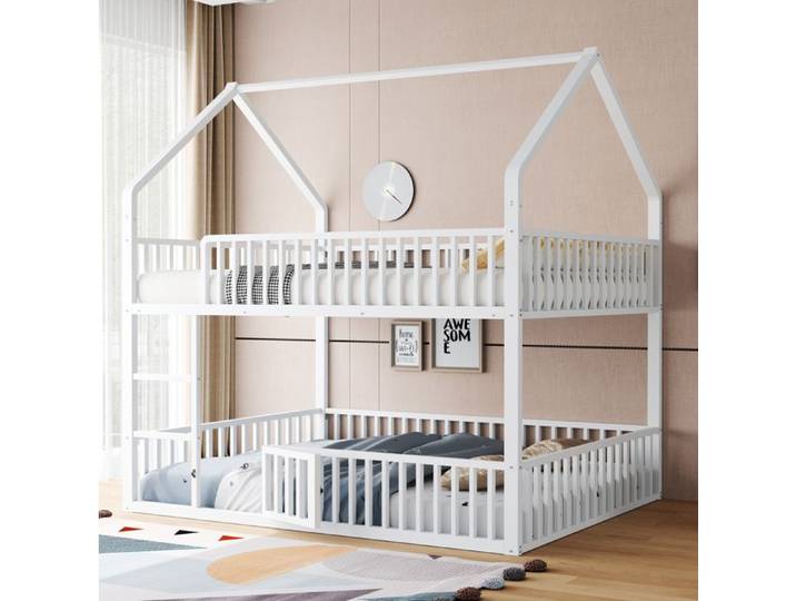 Modenuit Lit superposé enfant 140x200 cm en métal blanc cadre maison échelle frontale et petite porte