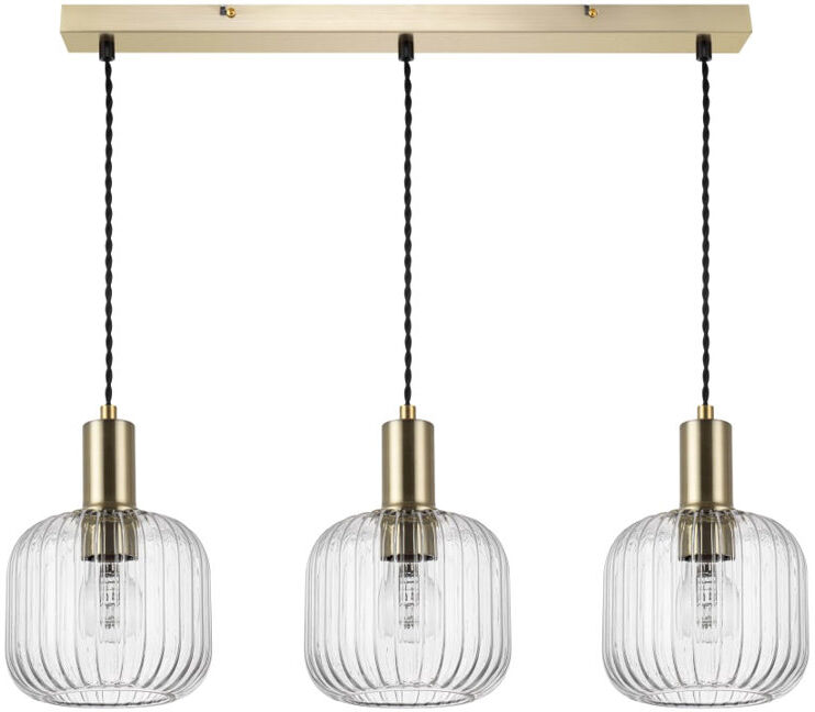 Cosylyte Clayton 3 Light Modern Ribbed Glass Bar Pendant Light - Brushed Brass Base, Black Twisted power cord, 68x16.5x100cm, 3xE27. Max. 15W LED (Bulb not inc Brass 100cm H X 16.5cm W X 68cm D