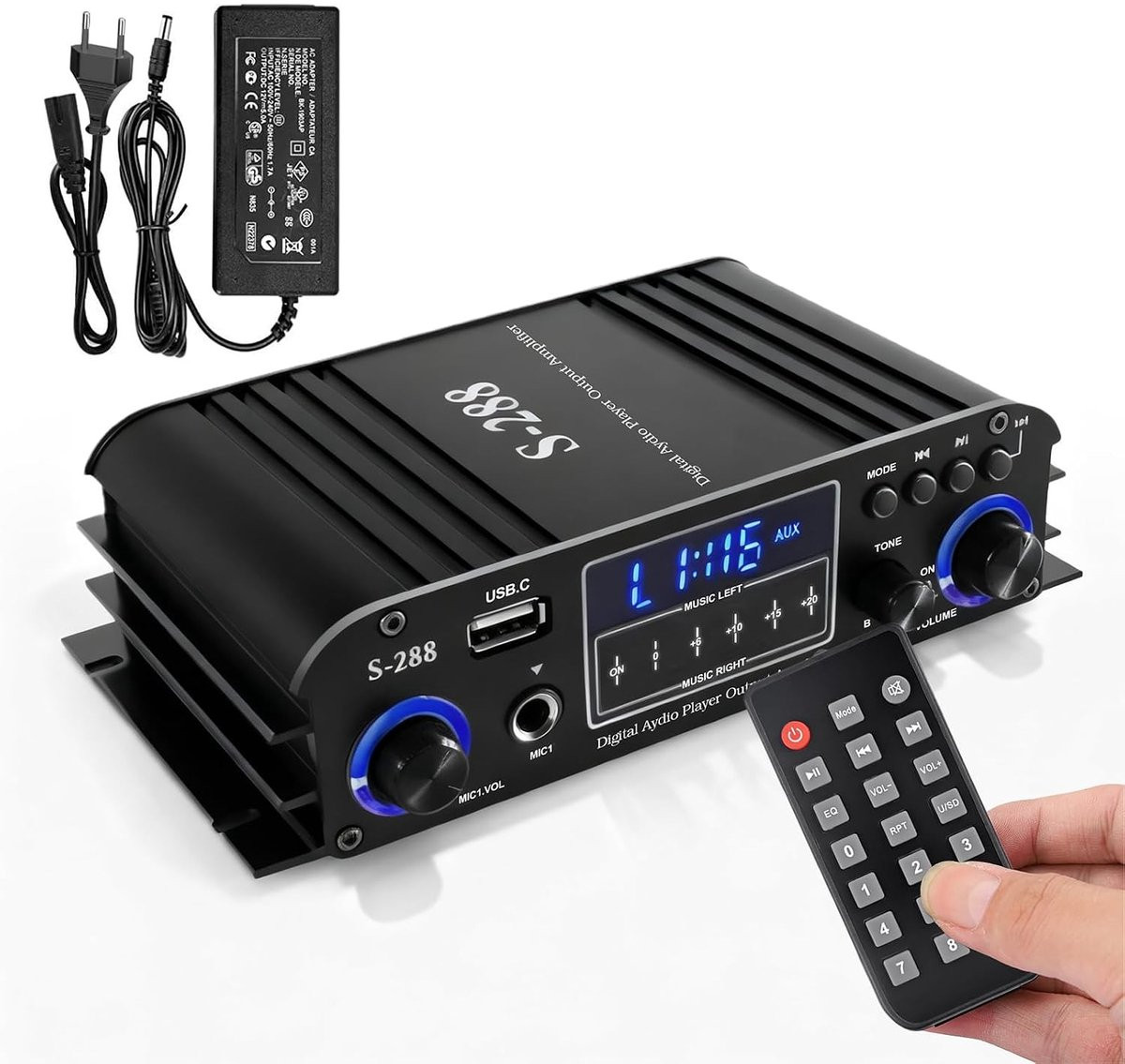 Krachtige 4-kanaals versterker met 1200W audiovermogen, Bluetooth 5.0, USB, microfoon en FM-radio inclusief afstandsbediening