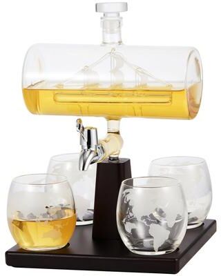 Berkware Whiskey Dispenser with Interior Hand-Crafted Ship-in-a-Bottle Design with 4 Globe Glasses