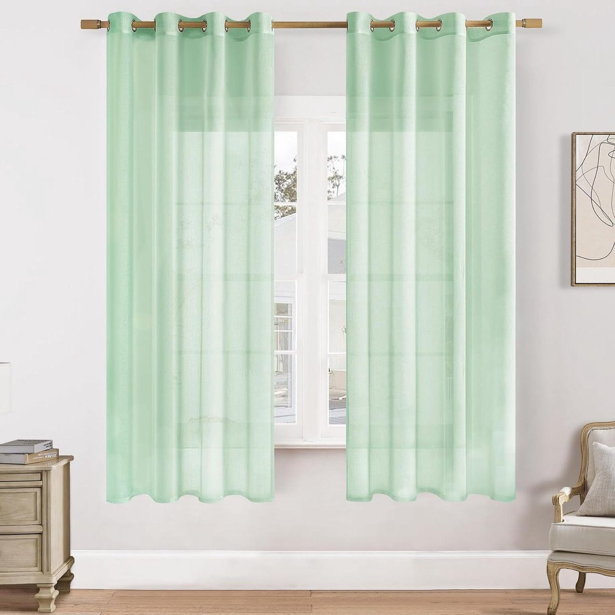 Groene vitrage gordijnen met linnen effect voor in de woonkamer, 140 x 160 cm