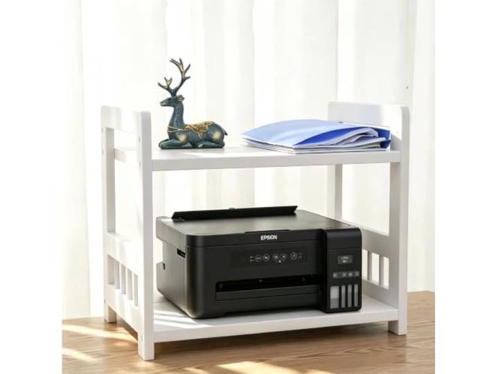 Massivholz-Ablage 2-stöckig für Drucker, Audiogeräte und Mikrowelle Massives Kiefernholz, 2-Ebenen-Design, werkzeugarme Montage, vielseitige Nutzung(White,23.2x15.0x19.7in)
