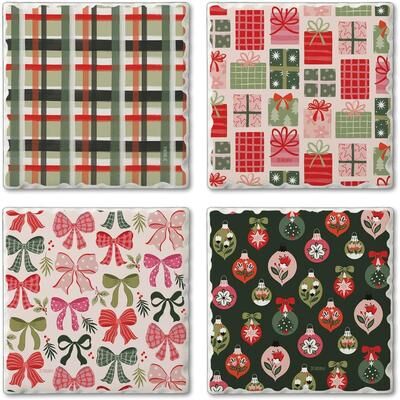 "Thirstystone Christmas Joy 4 Pack Assorted Tumbled Tile Stone Coasters with Protective Cork Backing 4"" Square Made in the USA"