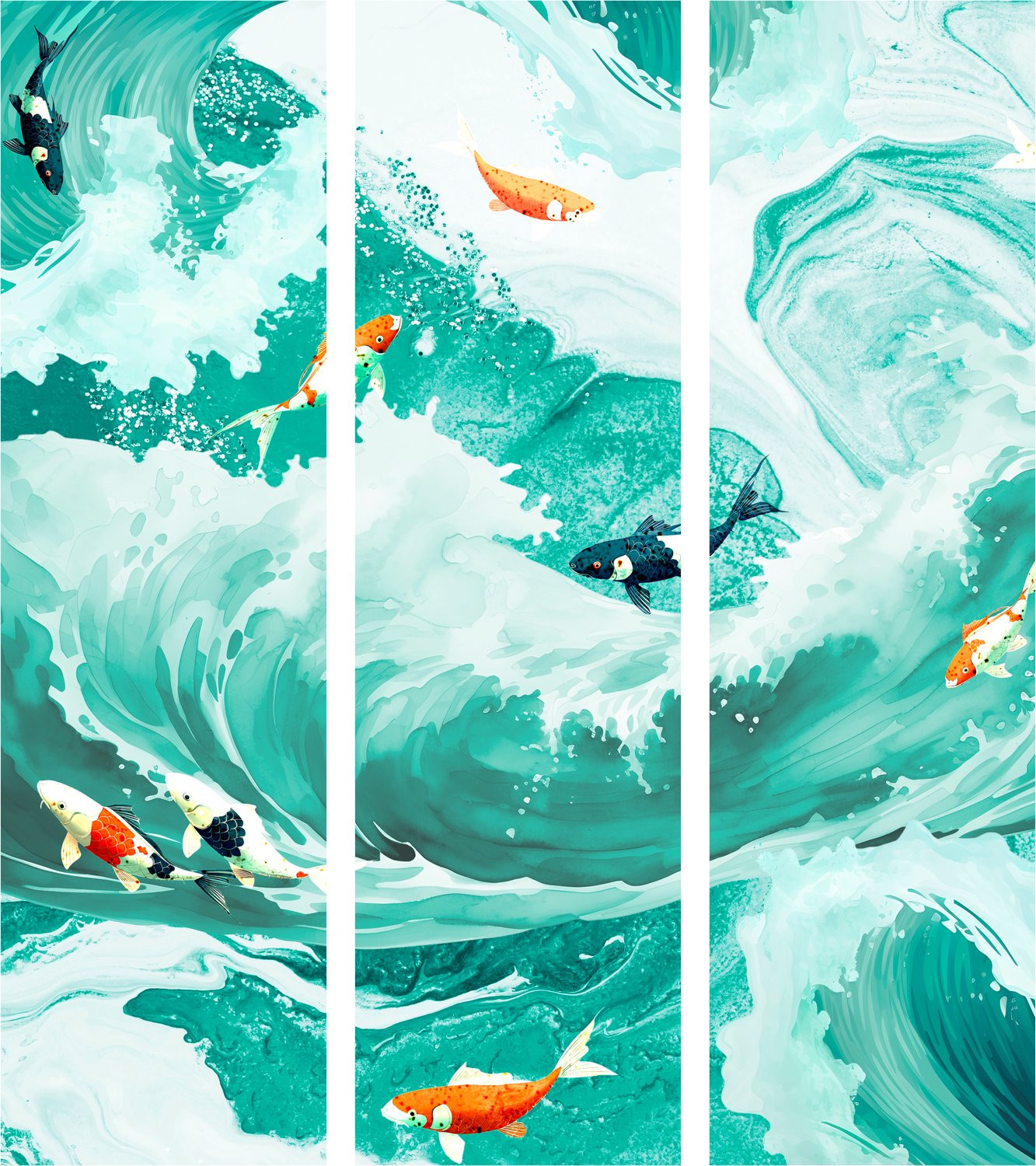 3-delig Japans kamerscherm Koi Fish Among Waves in turquoise en wit met houten frame, H 172 cm x B 135 cm