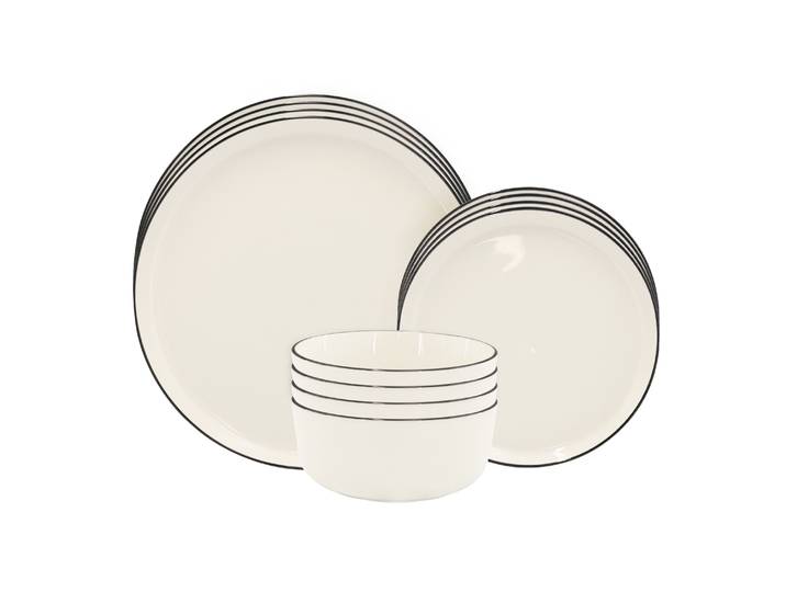 Geschirr-Set Porzellan 12-teilig cremeweiss/schwarz