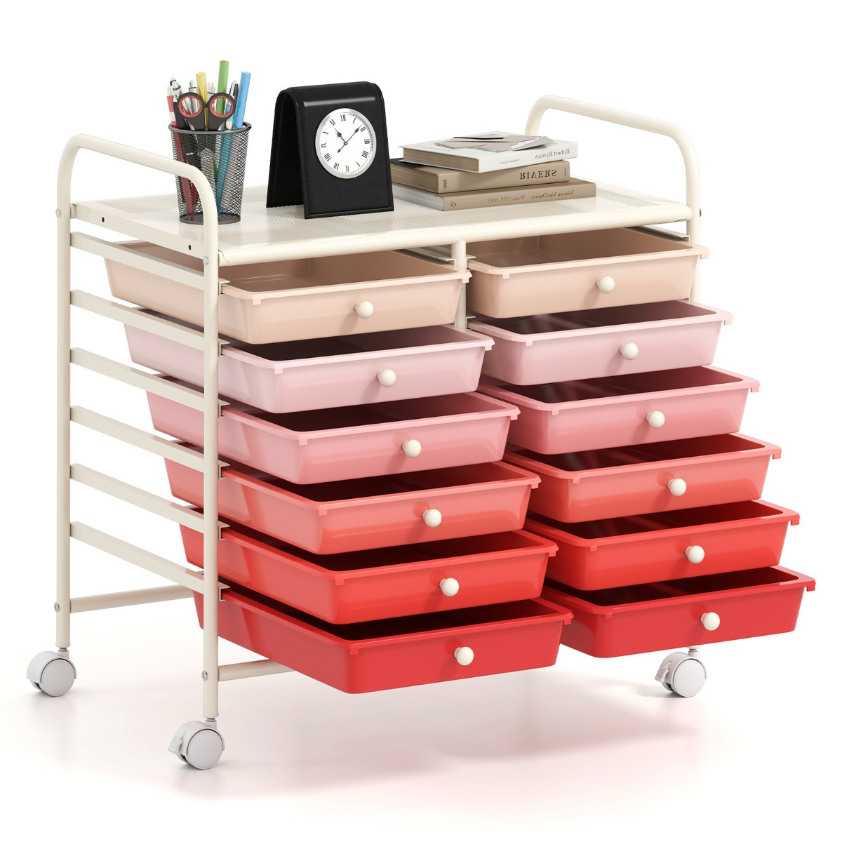 Costway Trolley met wielen en handgrepen in rood en roze