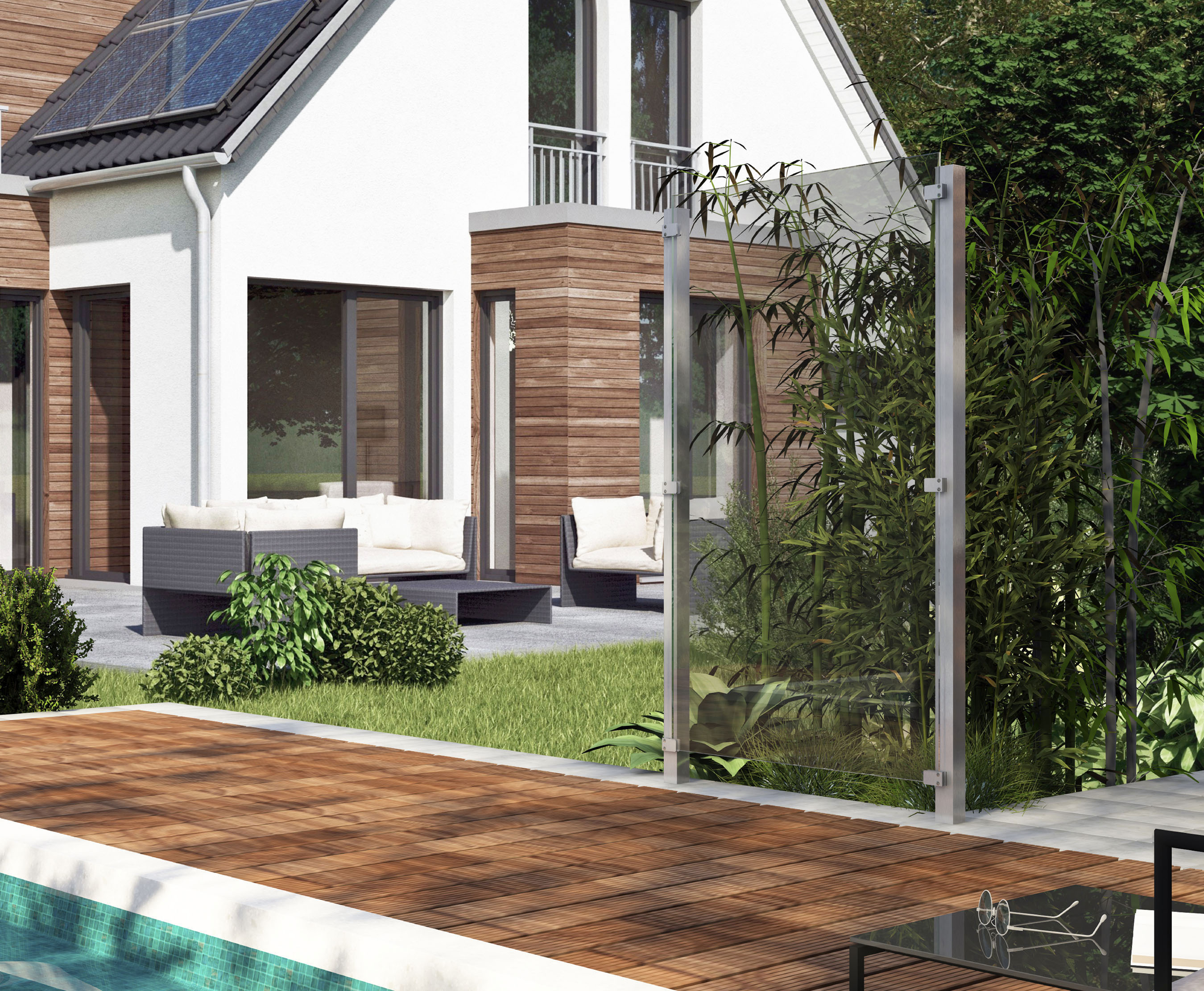 Zaun STAKET PRO, silber (silberfarben), Pfosten: 2 Stk., Edelstahl, Glas, Zaunelemente, Zaun, Glaszaun, Gesamtlänge: 1,115 m, 2 Pfosten