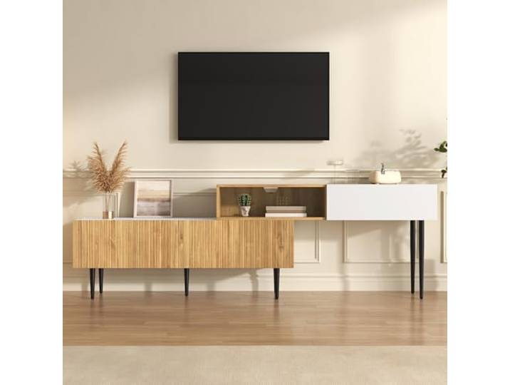 Ball & Cast TV Schrank (220×30×64cm) Modulares 2-teiliges Design, Moderner Fernseher Tisch mit Metallbeine, Bequeme Montage, Holzfarbe+Weiß