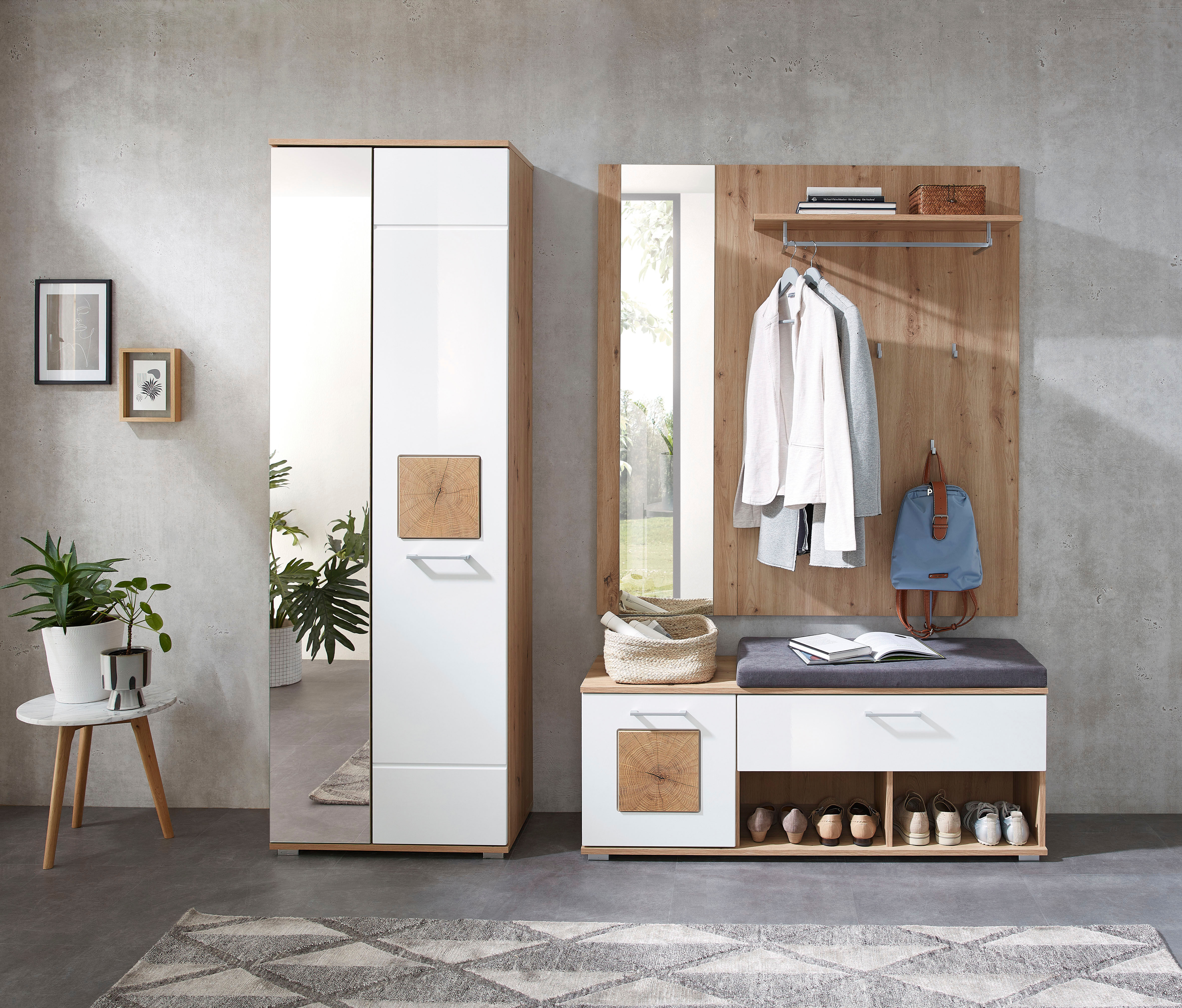 Garderoben-Set INNOSTYLE "Fun Garderoben Set, 206x195x38cm (B/H/T)", braun (weiß, artisan eiche), B:206cm H:195cm T:38cm, Holzwerkstoff, MDF, Kastenmöbel-Sets, Garderoben-Set, besteht aus 3 Typen,Spiegeltür,Sitzkissen weiß, artisan eiche B/H/T: 206cmcm x 