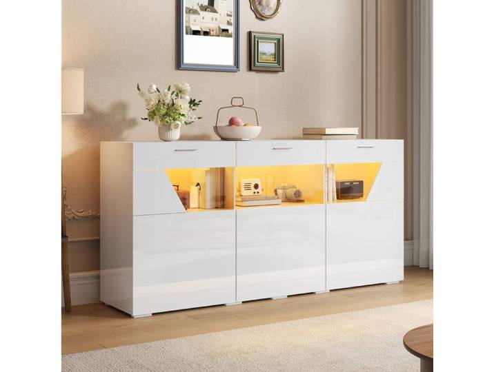 HOMVRA Buffet bas 160 cm blanc 3 portes vitrées LED contrôlable par application