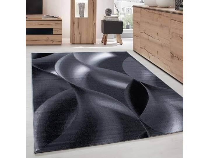 DecoTappi Tapis Modernes Design Noir 200x290 cm Salon Moderne Designe Motif des Vagues Courte Pile