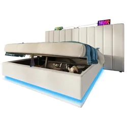 Polsterbett 160x200 cm mit Stauraum und LED-Beleuchtung – modernes Design in Weiß mit USB-Anschlüssen und Schnellladefunktion