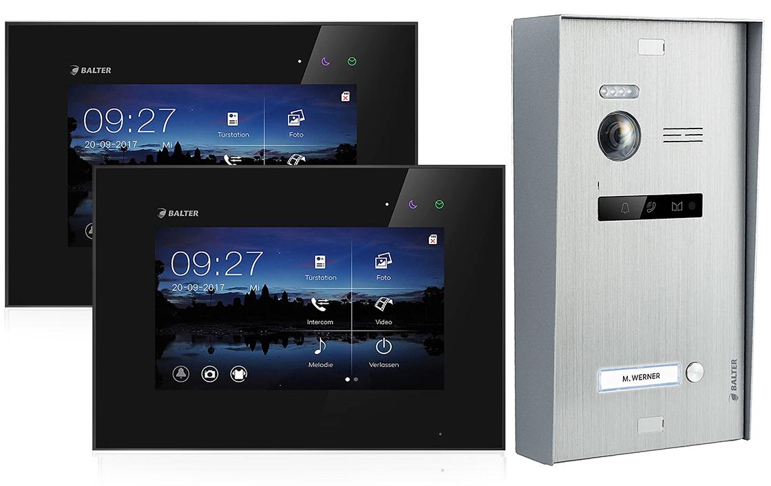 BALTER EVO Aufputz Video Türsprechanlage 2-Draht BUS für 1-Familienhaus 2 x 7" Touchscreen Monitor Schwarz Silber