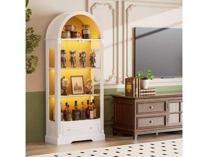 Vitrine blanche 180 cm à 2 portes en verre trempé LED à détection de mouvement tiroir MDF Grjofek