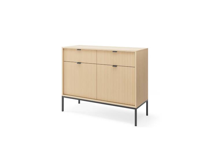 Ravio Moderne Geriffelte Kommode Kioto K2D2Sz (Eiche Vicenza, Schwarzes Gestell, Soft-Close Türen), Eichefarben, Metall, Rechteckig, 104x83x39 cm, Kleinmöbel, Kommoden, Sideboards