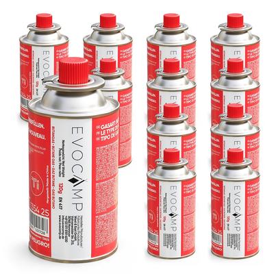 EVOCAMP Gaskartusche 120 g, 12x Stk., Butangas-Kartusche mit Bajonettverschluss EN 417, selbstdichtendes Ventil, Gas für Gasbrenner und Outdoorkocher