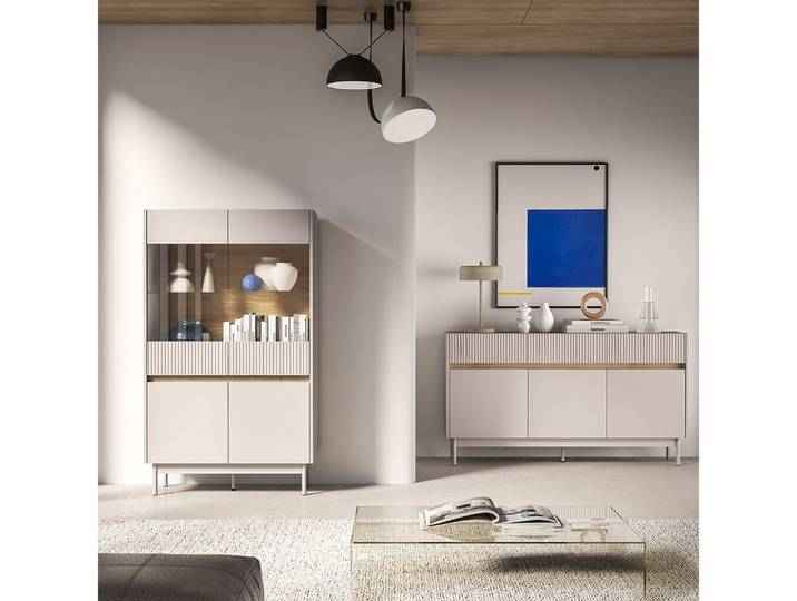 Lomadox Wohnzimmer-Set DINAR-131, (Mega-Spar-Set, 2-St., Highboard Beleuchtung Sideboard), kaschmir matt Eiche modern Metallfüße grifflos Rillen LED Beleuchtung