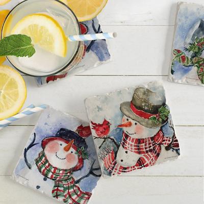 Counterart Absorbent Stone Coaster, Watercolor Snowman, Set of 4 - 4.01x4.38