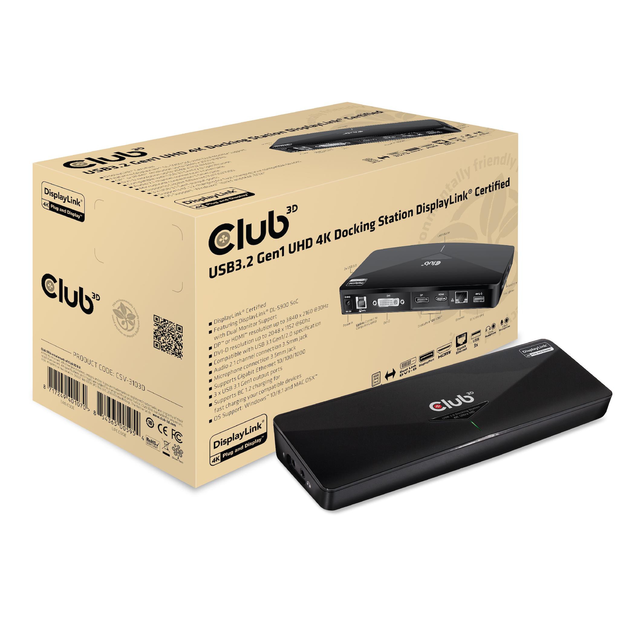 Club3D Club 3D CSV -3103D USB-A 5Gbps UHD 4K Docking Station DisplayLink® Certified