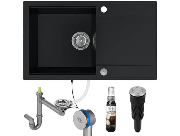 SINK QUALITY Küchenspüle mit Abtropffläche - Spülbecken Schwarz 78x46 cm - inkl. Knopfdruck Siphon PUSH und Imprägnieren - Einbauspüle für 60er Unterschrank - Granitspüle Schwarz XXL