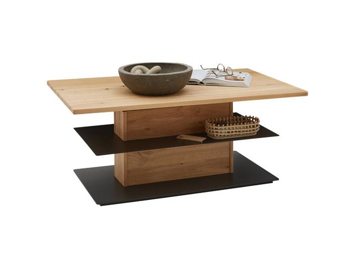 Valnatura Couchtisch, Schwarz, Wildeiche, Holz, Metall, Wildeiche, vollmassiv, rechteckig, Bodenplatte, 70x47.6-66.9x120 cm, Made in Germany, EN 71, höhenverstellbar, Wohnzimmer, Wohnzimmertische, Couchtische, Couchtische Metall