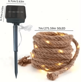 Inspire Curations 50 LED Solar Hemp Rope String Lights 8 Mode Outdoor Fairy Lights warm White 7m50led