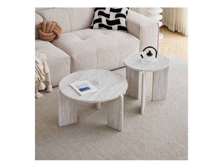 LuxusKollektion Couchtisch Couchtisch Set Weiß Travertin-Imitation (2-St)