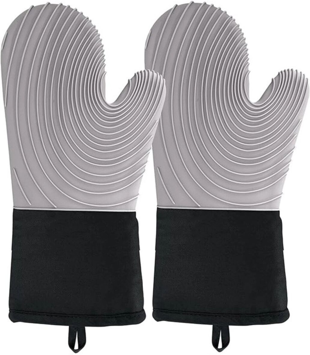 INF Silikon Hitzebeständige Ofenhandschuhe – mehrlagig isolierte, rutschfeste Küchenhandschuhe, 34cm Schutz Grau