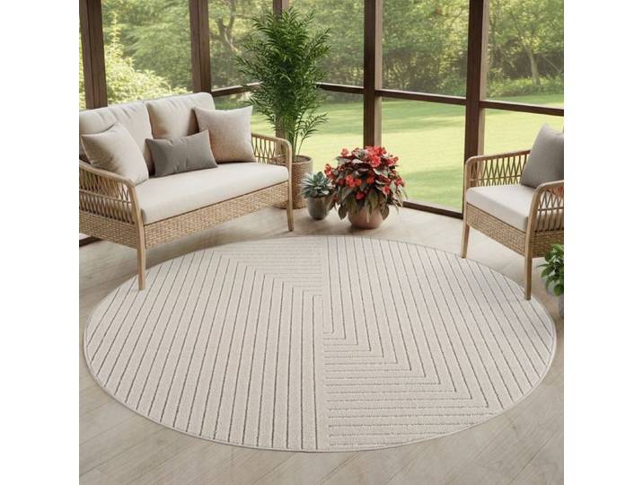 Carpettex Tapis à Poils Courts Rond 160 cm Crème Tapis Skandi Boho pour Salon et Chambre Terrasse Balcon Intérieur balcon
