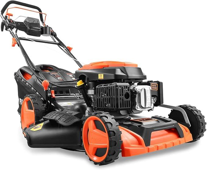 Benzin Rasenmäher FX-RM5196eSPRO mit E-Start und regulierbarem Selbstantrieb, Gartenmäher inkl. Frontstoßstange, 51 cm Schnittbreite, kugelgelagerte Big Wheel Räder, 60L Grasfangkorb