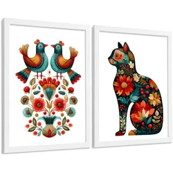 POSTER 2er-Set dekorative Badezimmer-Kunstdrucke, im Stil der Volkskunst für Wand, Toilette mit Vögeln und elegantem Blumen-Katzen Weißer Rahmen A4