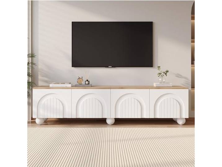 BTM 180*40*45cm TV schrank mit 4 Schränken,TV stand und Fernsehschrank mit 6 Kugelfuß Metallbeine, Lowboard und Fernsehtisch,TV-Board und TV-Kommode Geeignet für Fernseher um 80 Zoll, Holzfarbe+Weiß