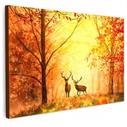 LEINWANDBILD Natur - Ölfarbe - Hirsche - Tiere - Herbst - Orange Groß 140x90 cm