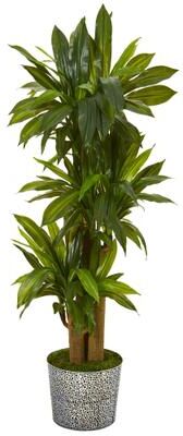 Nearly Natrual "58"" Corn Stalk Dracaena Artificial Plant in Black Embossed Tin Planter (Real Touch)"