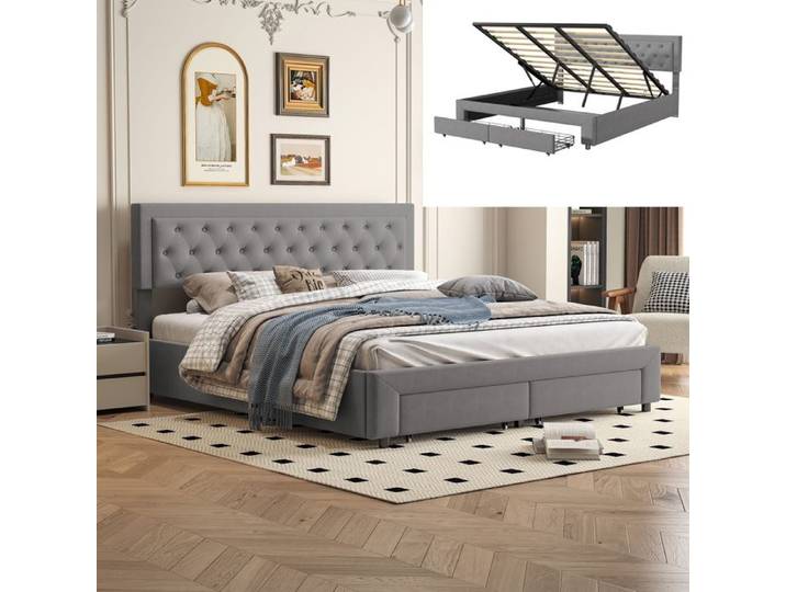 Lit coffre - Noname - 160x200 - Velours gris - 2 tiroirs - Sommier à lattes