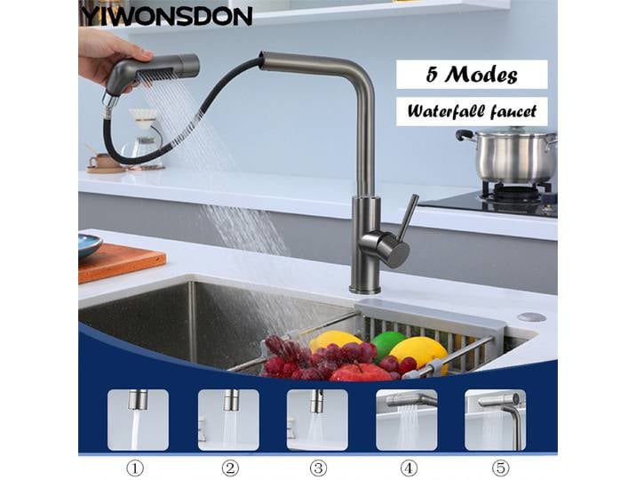 YIWONSDON gris 5 Modes retirer cascade robinet d'évier de cuisine mélangeur chaud-froid lavabo d'eau monté sur bureau noir robinet accessoires