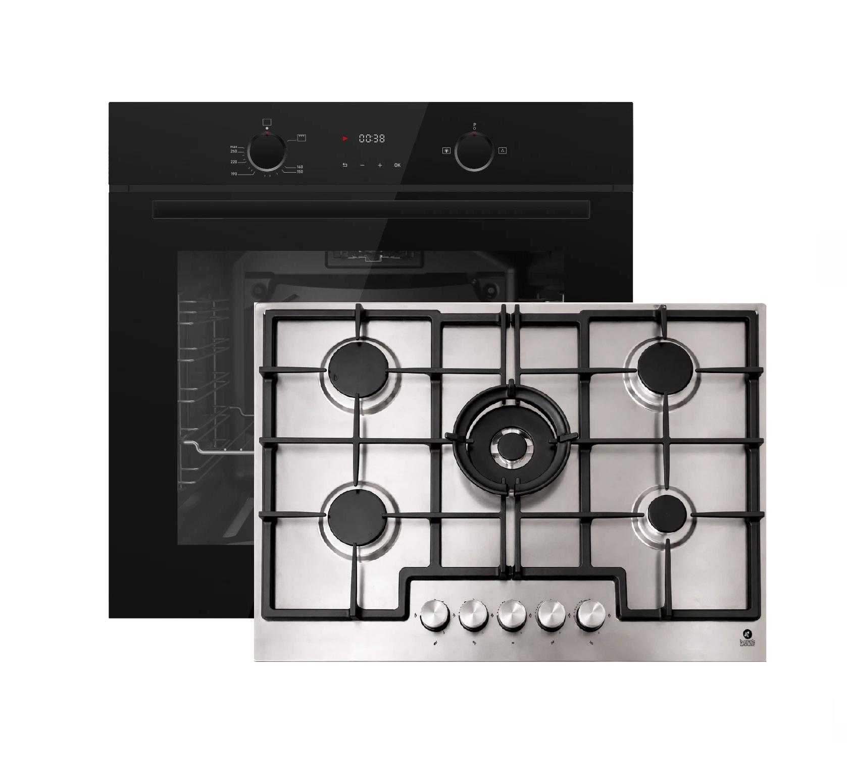 Gasline GB850-FIB Einbau Gasherdset Autark mit Einbaubackofen Gasherd Umluft 69 Liter und +Gasline GAG75INX Gaskochfeld 75cm Edelstahl mit 5 Brennern