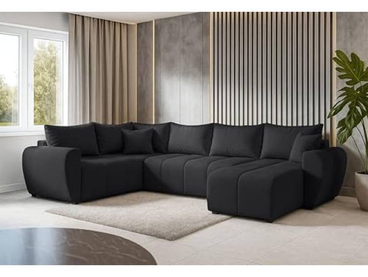 AXLIVING Malatya U XL Wohnlandschaft U Form XXL Ecksofa Schwarz modern L Schlaffläche: 270 × 140 cm. Komfort durch T30-Schaum und Wellenfedern. Praktischer Bettkasten. Sitzhöhe: 41 cm.