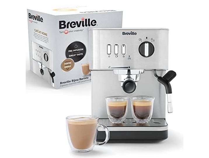 Breville Bijou Barista Siebträgermaschine automatischer und manueller Vollautomat Espressomaschine/Kaffeemaschine für Cappuccino & Milchkaffee Pumpe mit 15 Bar Dampfdüse Silber [VCF149X]
