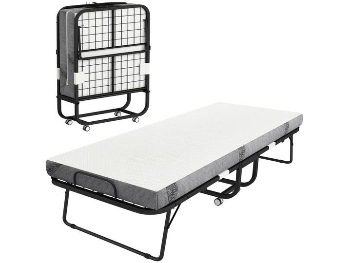 Homcom Gästebett 2-in-1 Klappbett mit Rollen klappbar Stahl+Schaumstoff Weiß+Schwarz, Metall, Schlafzimmer, Betten, Gästebetten, Klappbetten