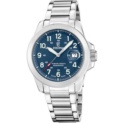Quarzuhr FESTINA "Field Watches", silber (silberfarben, blau, blau), Armbanduhren, Herren, silberfarben, Quarzuhr, Armbanduhr, Herrenuhr, Swiss Made, Edelstahlarmband