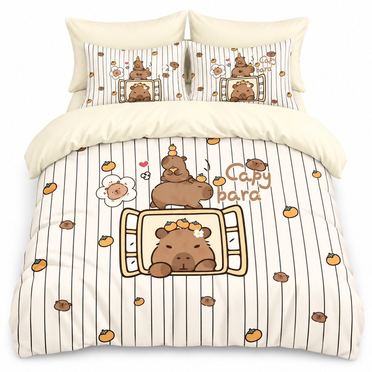 Beige Capibara dekbedovertrek Kawaii voor volwassenen 200 x 230 cm
