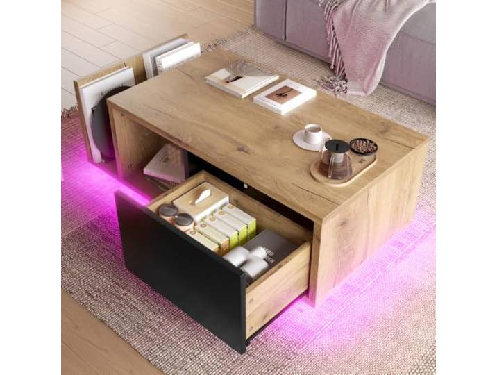 XINGNING Dimmbares Retro Sideboard Mit Beleuchtung Als Raumteiler Holz Metal Design Stauraum Für Wohnzimmer Essbereich TV Bank Lowboard (Natural + Engineered Wood + Coffee Table)