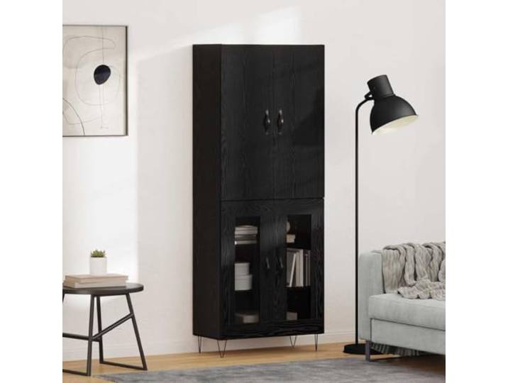 Highboard 2er Set Schwarz Eichen-Optik 69,5 x 34 x 180 cm Holzwerkstoff D-Pull-Griffe aus Metall, vielseitig für Esszimmer und Wohnzimmer, wandmontierbar für Stabilität, einfache Montage mit
