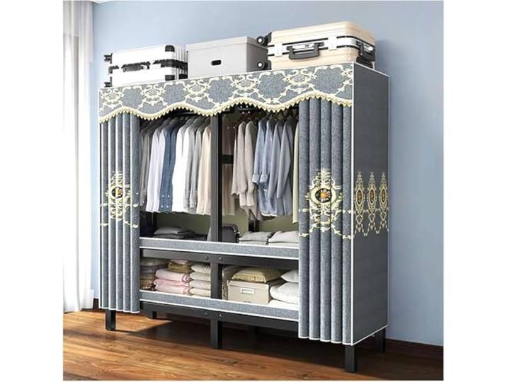 MmcdylyhEU Tragbarer, Faltbarer Kleiderschrank mit Abdeckung, Kleiderständer aus Stahl mit Hängestangen, stehender Kleidungsorganisator for Schlafzimmer(Blue2,180x178x52cm)