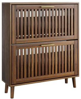 "31.5""W Walnut Grille Striped Shoe Cabinet, 18 Pair Shoe Storage Cabinet W/2 Flip-Top Drawer - N/A"