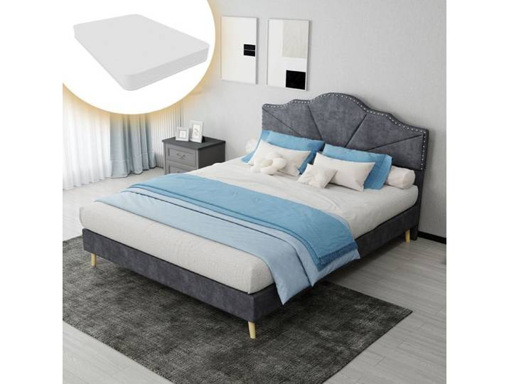 Cadre de lit - SOGEU - style moderne minimaliste - 140x200 cm - tête de lit rembourrée - gris